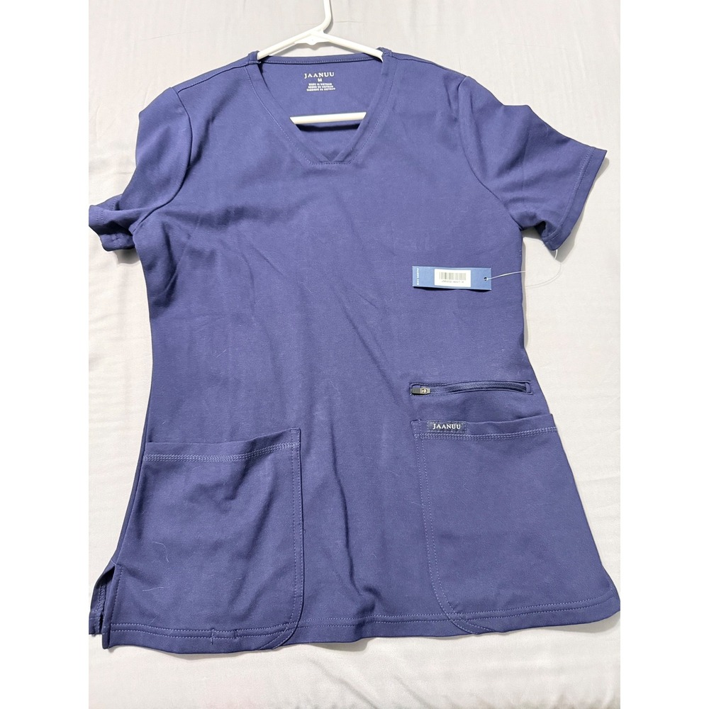Jaanuu Womens Navy Blue V-Neck Scrub Top J96202-NAVT-M Pocket Zipper Detail NWT